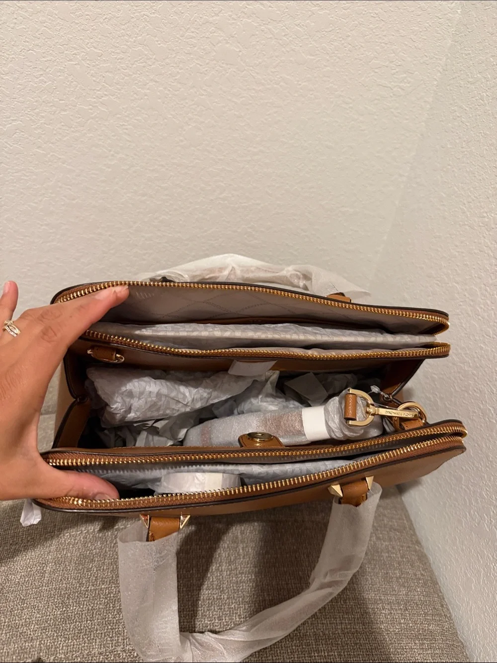 Michael Kors Tan Saffiano Leather Satchel with Gold Hardware